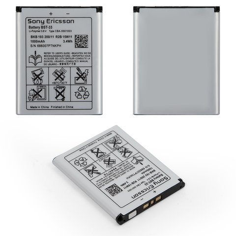 Batería BST 33 puede usarse con Sony Ericsson C702, U1, Li Polymer, 3.6 V, 1000 mAh, Original PRC 