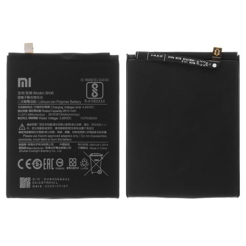 Batería BN36 puede usarse con Xiaomi Mi 6X, Mi A2, Li Polymer, 3.85 V, 3010 mAh, Original PRC , M1804D2SG, M1804D2SI