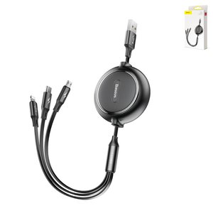 USB кабель Baseus Golden Loop, USB тип C, USB тип A, micro USB тип B, Lightning, 3,5 А, черный, плоский, передача данных только на Lightning, выдвижной, 3 в 1, #CAMLT JH01