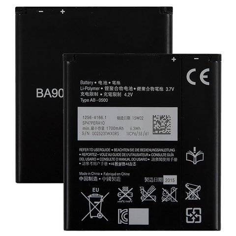 Battery BA900 compatible with Sony C1905 Xperia M, C2105 S36h Xperia L, Li ion, 3.7 V, 1700 mAh, Original PRC  