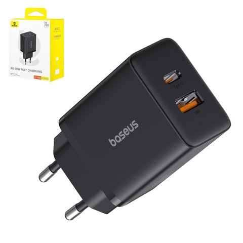 Adaptador de red Baseus Cube, 30 W, Power Delivery PD , Fast Charge, negro, 2 puertos, #P10111404113 00