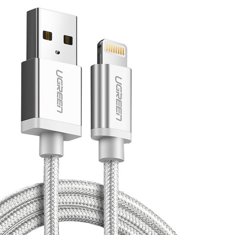 USB кабель UGREEN, USB тип A, Lightning, 100 см, 2,4 А, серебристый, белый, #6957303835843