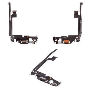 Шлейф для iPhone 12 Pro Max, коннектора зарядки, черный, с микрофоном, с компонентами, Original PRC 